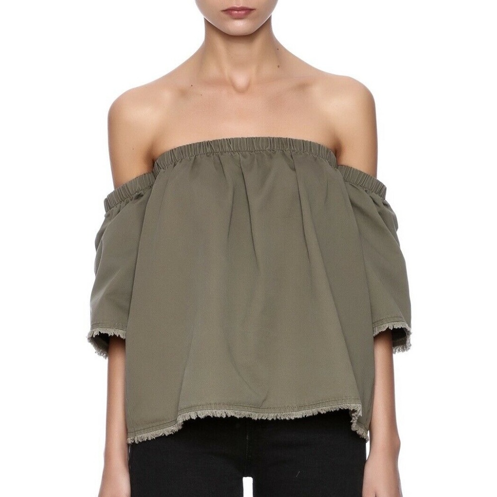 JOA | Olive Green Off Shoulder Frayed Hem Top L